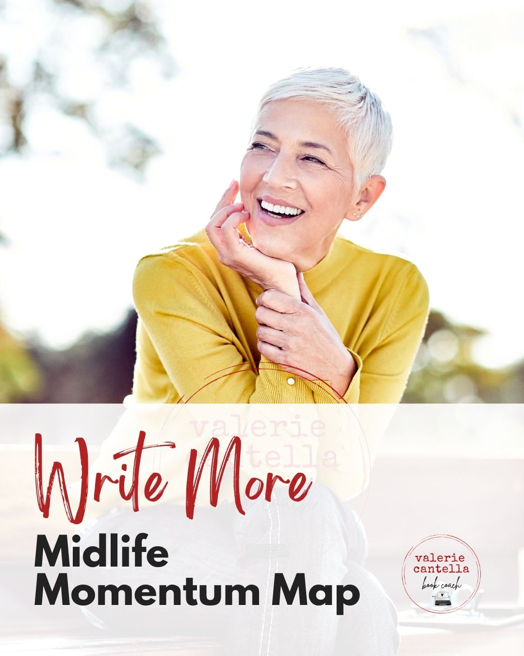 Midlife Momentum Map by Valerie Cantella Photo of a middle aged woman in yellow sweater